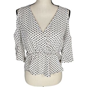The Outfit Polka Dot V Neck Peplum Blouse, Black/White, XS